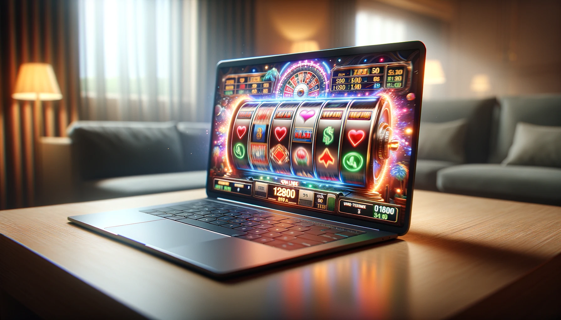 A realistic photo image of a laptop screen displaying spinning reels of online slots. The image should capture the dynamic and colorful aspect of the