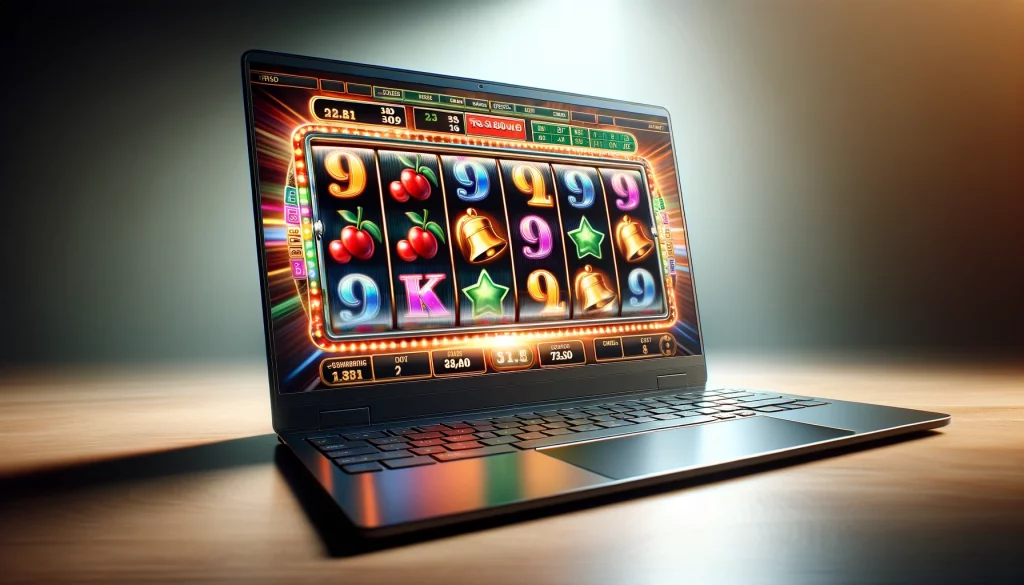 Realistic photo of a laptop screen displaying spinning reels of an online slot game. The image captures the vibrant colors and dynamic motion of the s